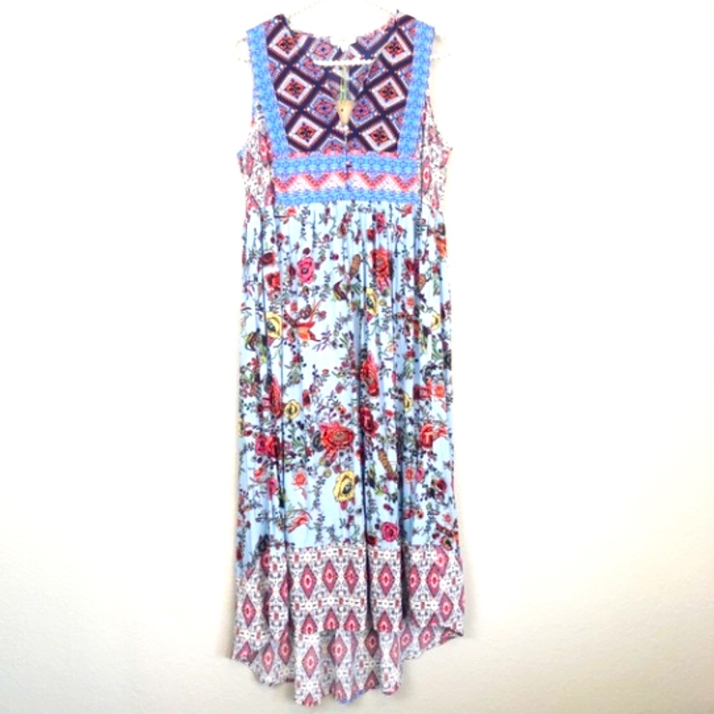 Umgee Mixed Media Floral Sleeveless High Low Maxi Dress‎ Sz L